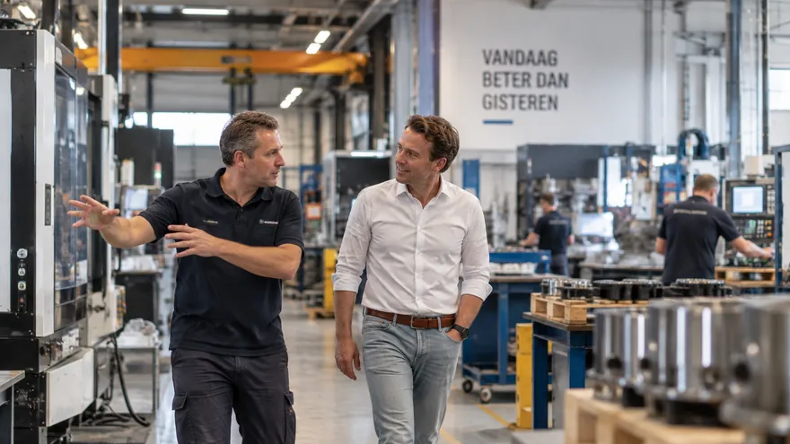 Twee mensen in gesprek op de werkvloer van een productiebedrijf